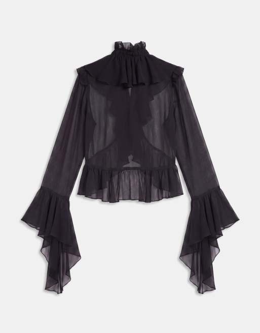 Noughts & Kisses chiffon extreme ruffle tie front drape sleeve blouse co-ord in black, 6 of 8