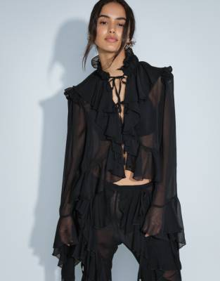 Noughts & Kisses Chiffon Extreme Ruffle Tie Front Drape Sleeve Blouse In Black