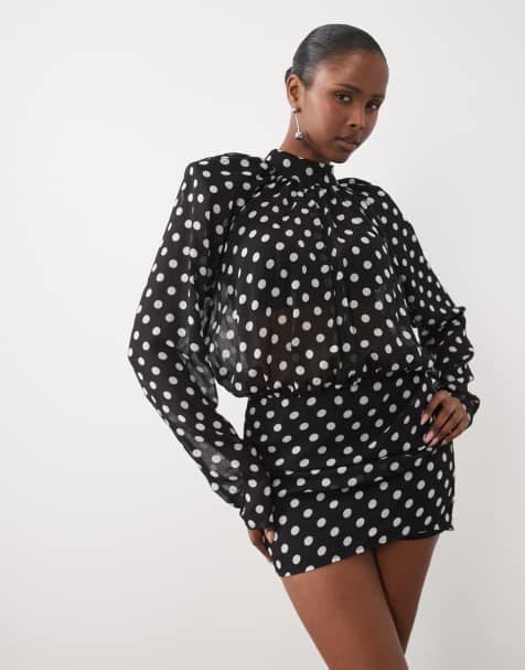Noughts & Kisses chiffon high neck shoulder pad blouson mini dress in black polka dot - view 1