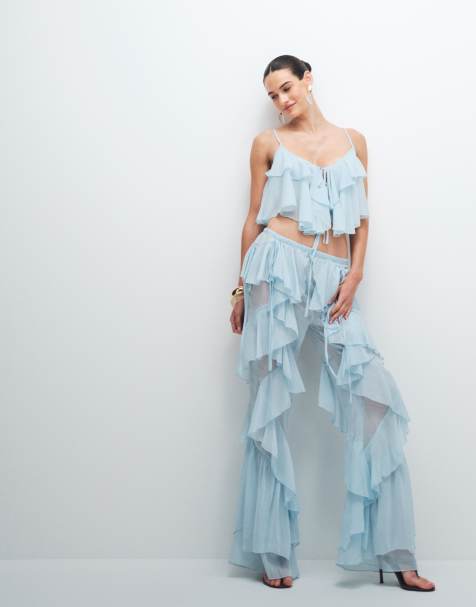 Noughts & Kisses chiffon ruffle cami top and ruffle wide leg pants set in soft blue - view 1