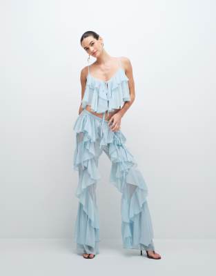 Noughts & Kisses chiffon ruffle detail wide leg trouser co-ord in soft blue