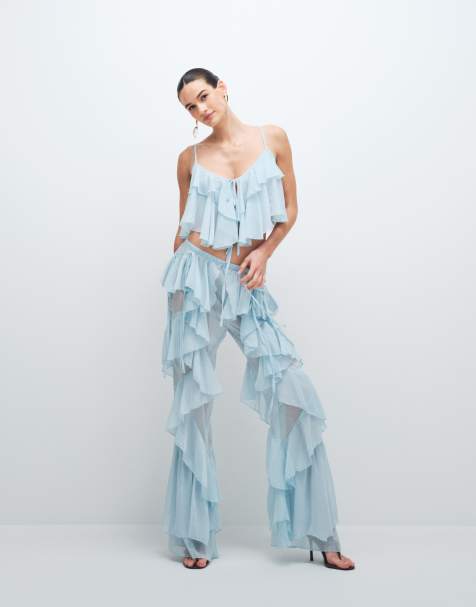 Noughts & Kisses chiffon ruffle detailed wide leg pants in soft blue - part of a set - view 1
