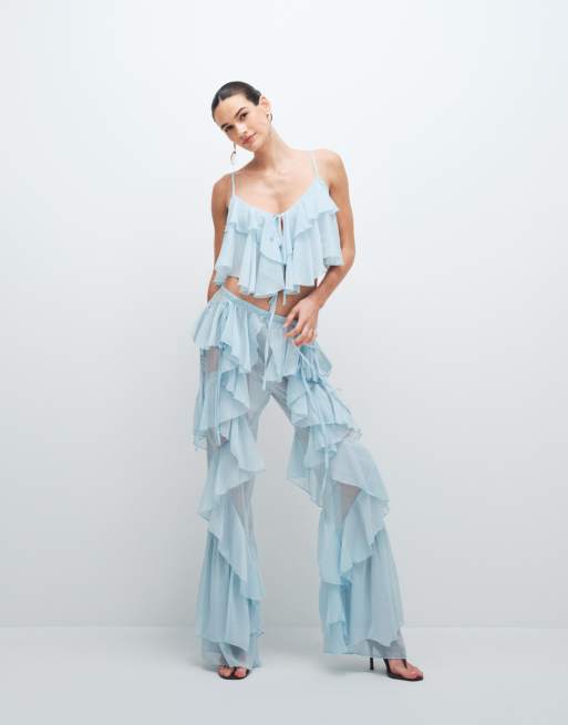 Noughts & Kisses chiffon ruffle detailed wide leg pants in soft blue - part  of a set | ASOS