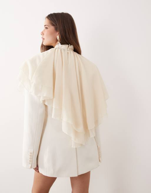 Noughts & Kisses chiffon ruffle high neck poncho blouse in cream, 3 of 4
