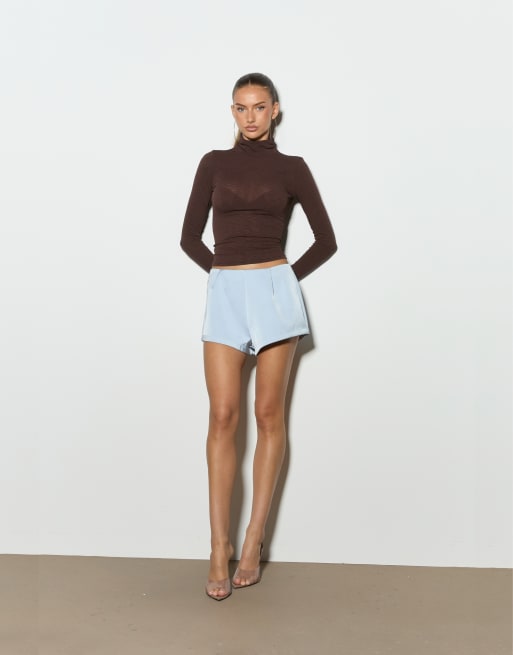 Noughts & Kisses Cinzia blue bonded satin shorts in blue, 2 of 4