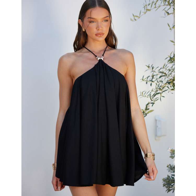 amaya black lace cut out mini dress Noughts & Kisses cotton beaded strap detail open up back in craft_lace Black and White Spaghetti Size:Plus Size (1X and above) Date night to going