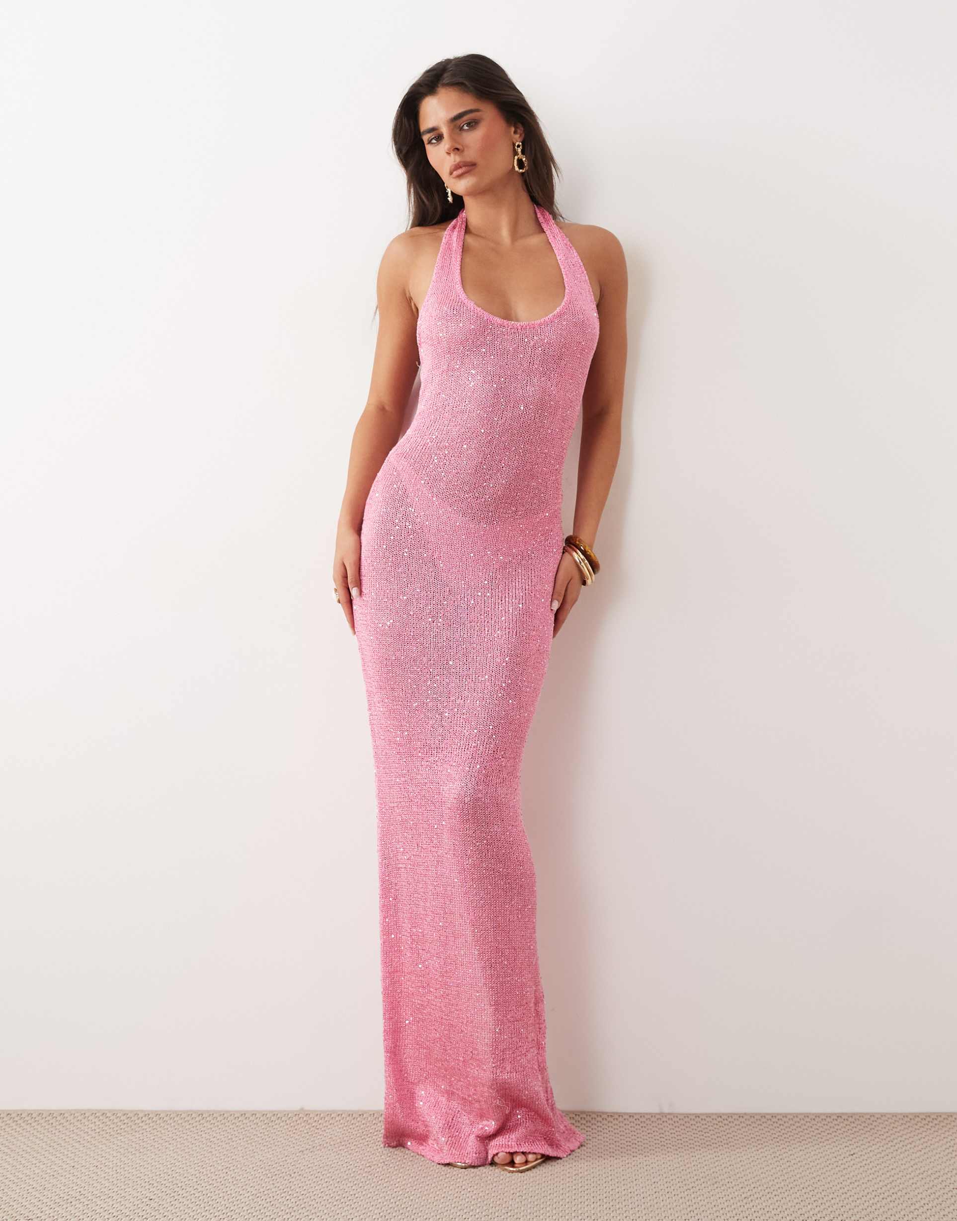 noughts & kisses cotton blend halterneck sparkle knit maxi dress in pink