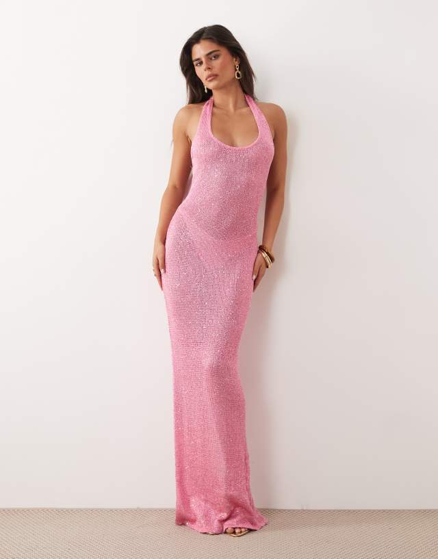 nine britton rosa knit maxi dress Noughts & Kisses cotton blend halterneck sparkle in pink Gold Plated/Stainless Steel