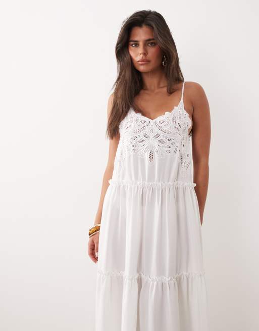 Noughts & Kisses cotton blend tiered broderie maxi dress in white