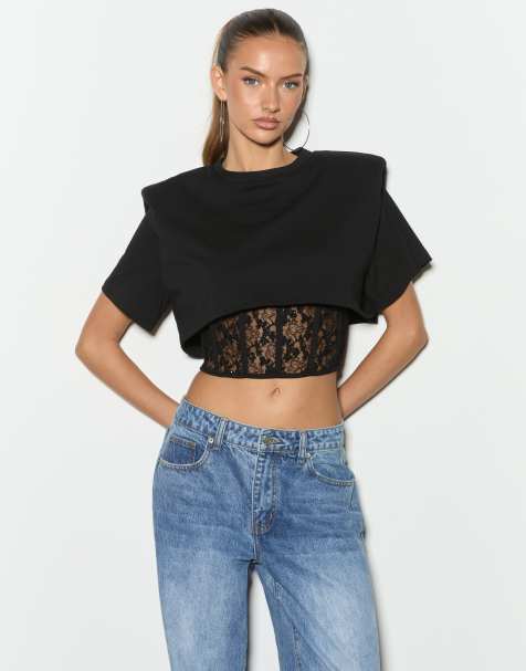 Noughts & Kisses cotton rich padded shoulder lace corset waist detail top in black