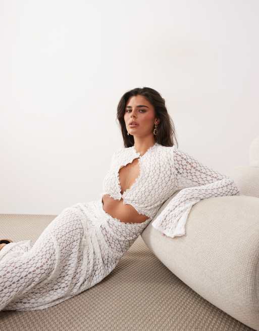 white tie front flare sleeve crochet lace bodycon dress Women White Lace Mini Dress Cutout Dress Off Shoulder Long Sleeve Sheer  Crochet Knit Bodycon Cut