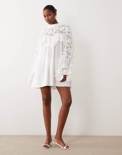 Noughts & Kisses crochet lace high neck ruffle trim mini dress in white - view 1