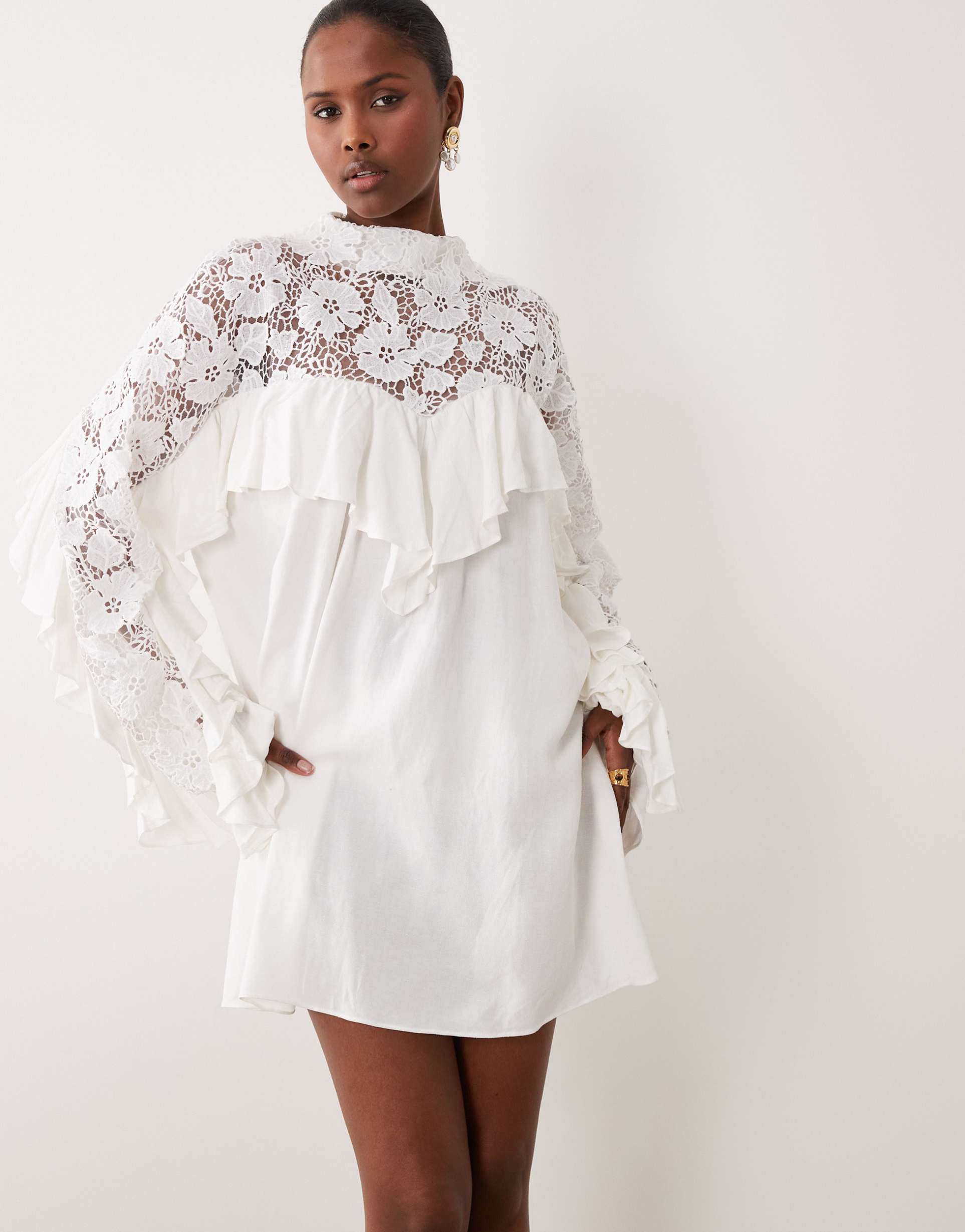 noughts & kisses crochet lace high neck ruffle trim mini dress in white