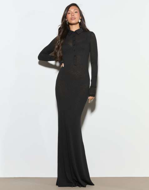 Noughts & Kisses Daphne fine knit collared button up maxi dress in black - view 1