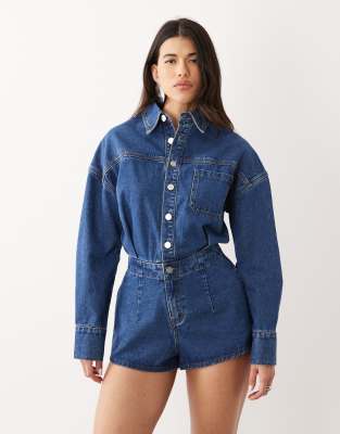 Noughts & Kisses Denim Cinched Waist Romper In Blue