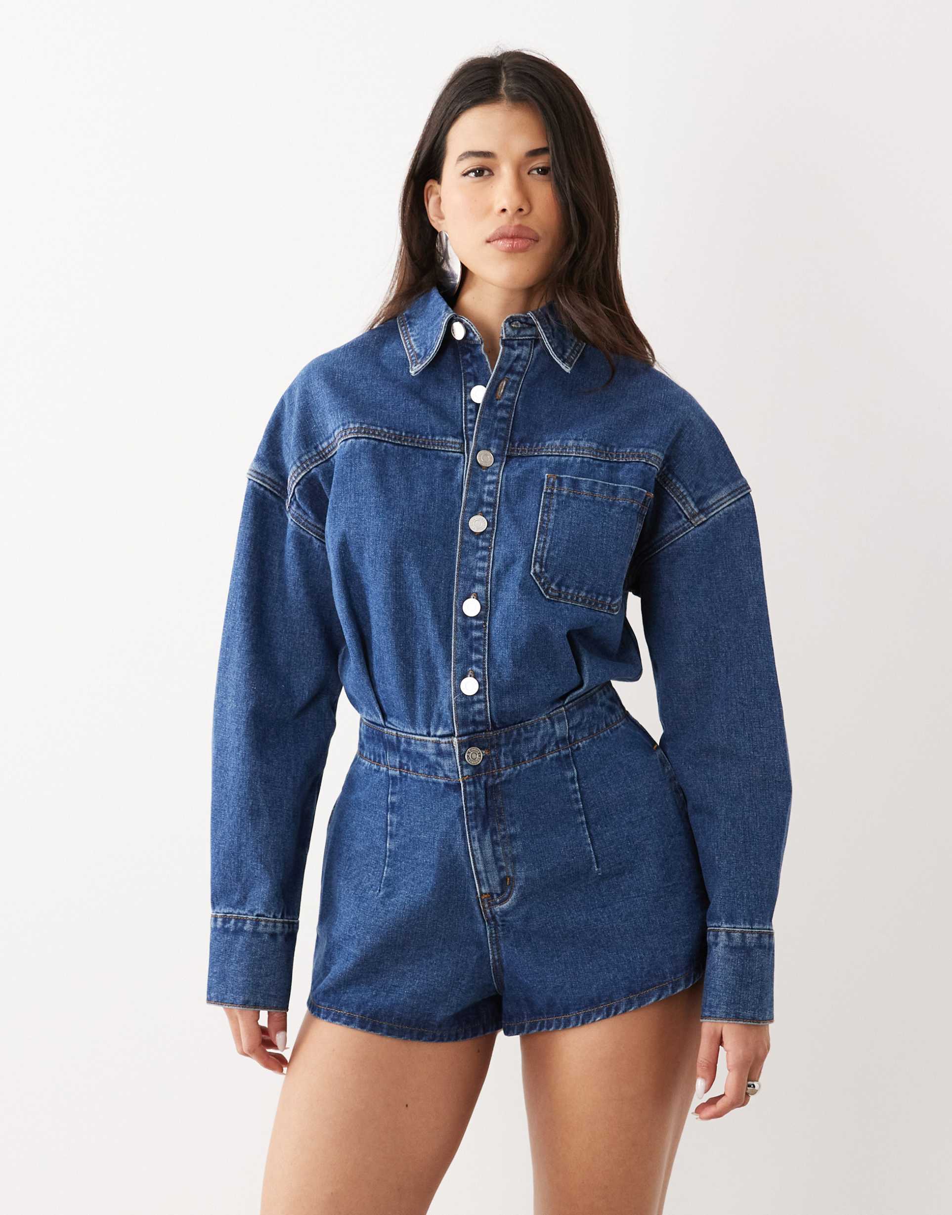 noughts & kisses denim cinched waist romper in mid wash blue