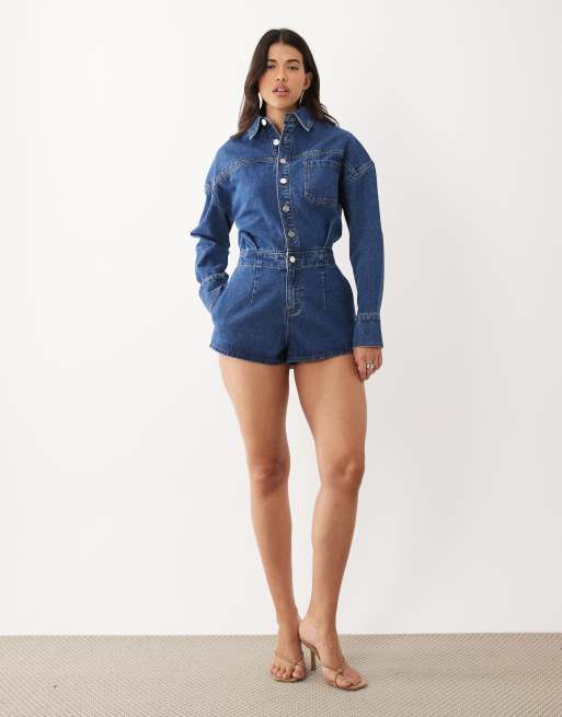 Noughts & Kisses denim cinched waist romper in mid wash blue, 2 of 4