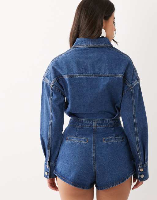 Noughts & Kisses denim cinched waist romper in mid wash blue, 4 of 4