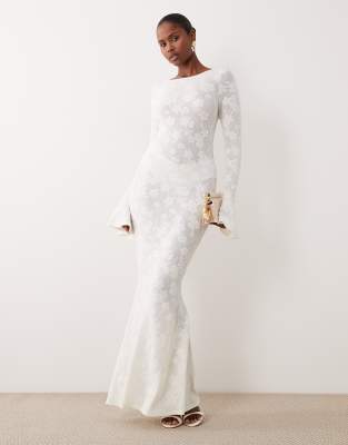 Noughts & Kisses devore floral bell sleeve lace up fishtail maxi dress in white