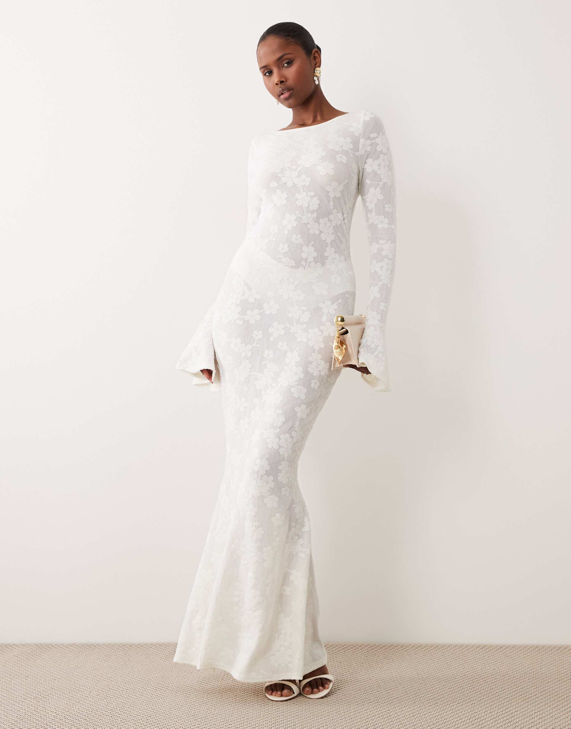 noughts & kisses devore floral bell sleeve lace up fishtail maxi dress in white