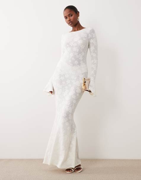 Noughts & Kisses devore floral bell sleeve lace up fishtail maxi dress in white