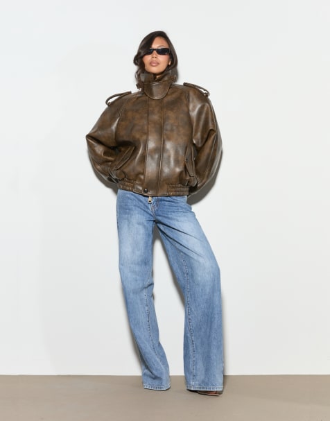 Noughts & Kisses Effie oversized pu jacket in brown - view 1