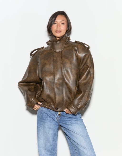 Noughts & Kisses Effie oversized pu jacket in brown, 2 of 5