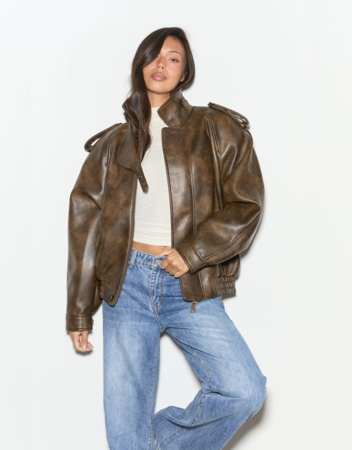 Noughts & Kisses Effie oversized pu jacket in brown, 3 of 5