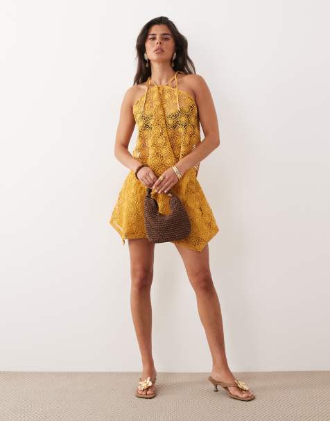 Noughts & Kisses - Ensemble crocheté avec mini-jupe et top dos nu à encolure foulard - Jaune - view 1