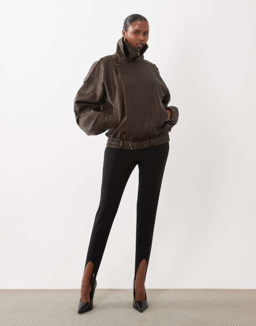 Noughts & Kisses Eska vegan leather funnel neck oversized biker jacket in chocolate, 2 of 4
