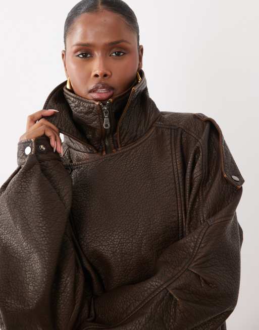 Noughts & Kisses Eska vegan leather funnel neck oversized biker jacket in chocolate, 3 of 4