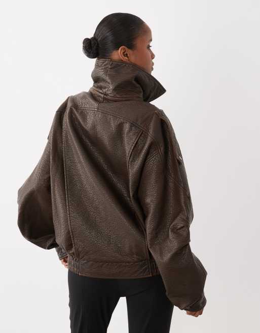 Noughts & Kisses Eska vegan leather funnel neck oversized biker jacket in chocolate, 4 of 4