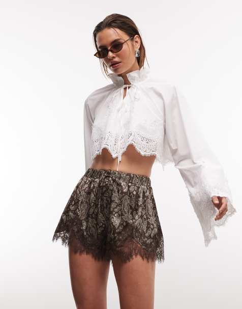 Noughts & Kisses flared sleeve lace tied detail cropped shirt in white (part of a set) - view 1