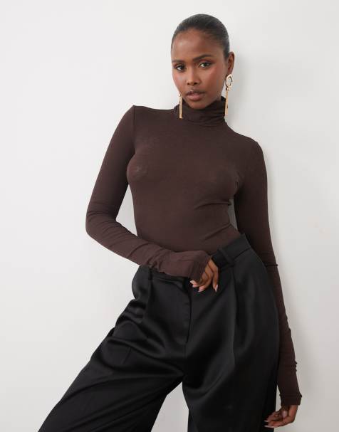 Noughts & Kisses Gina sheer knitted roll neck top in chocolate (part of a set) - view 1
