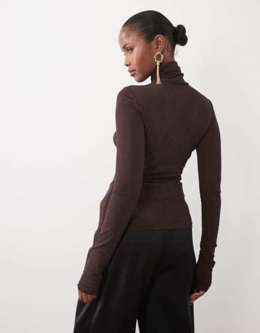 Noughts & Kisses Gina sheer knitted roll neck top in chocolate, 4 of 4