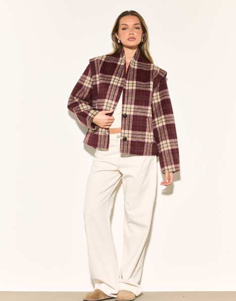 Noughts & Kisses Hailey burgundy check wool blend oversized jacket in burgundy - view 1