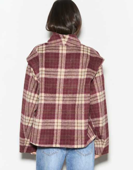 Noughts & Kisses Hailey burgundy check wool blend oversized jacket in burgundy, 3 of 7