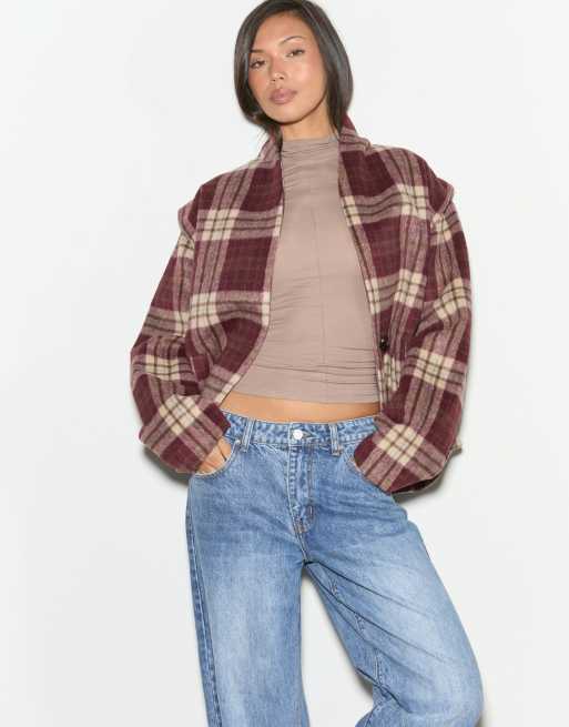 Noughts & Kisses Hailey burgundy check wool blend oversized jacket in burgundy, 4 of 7