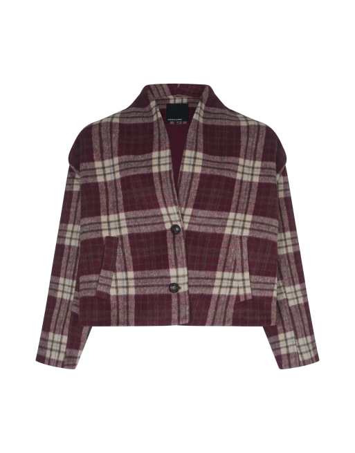 Noughts & Kisses Hailey burgundy check wool blend oversized jacket in burgundy, 6 of 7