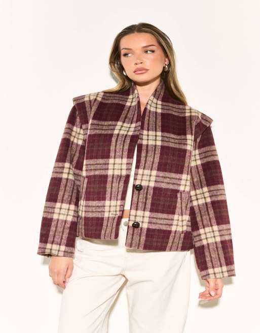 Noughts & Kisses Hailey burgundy check wool blend oversized jacket in burgundy, 7 of 7