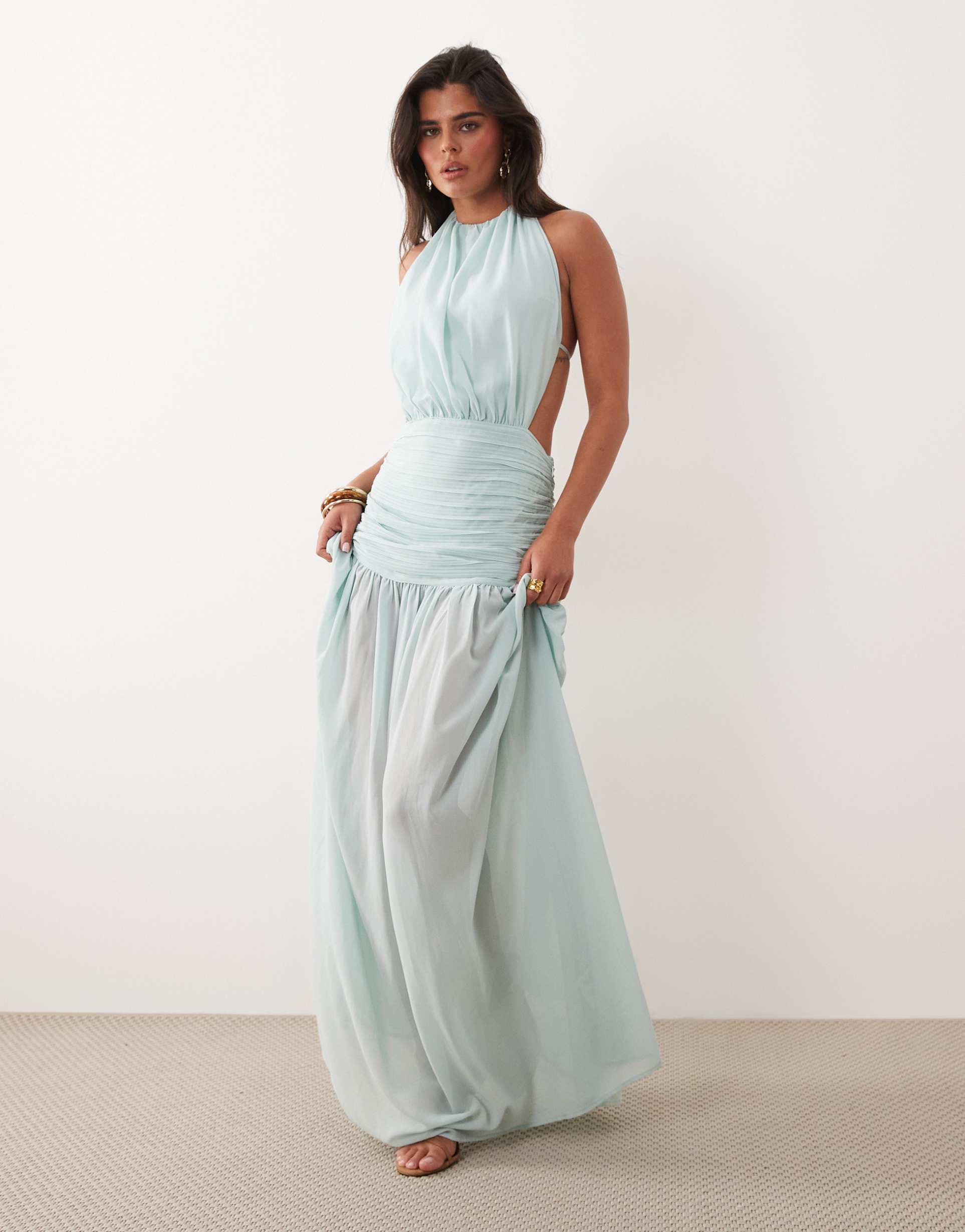 noughts & kisses halterneck pleated cinched waist sheer hem maxi dress in light blue