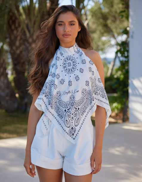 Noughts & Kisses halterneck tie back handkerchief top in white bandana print