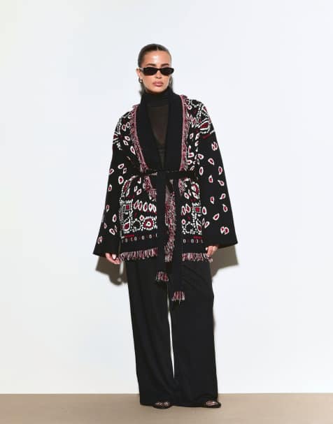 Noughts & Kisses Jayla oversized fringe detail belted cardigan in paisley - view 1