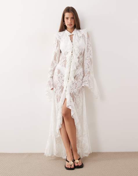 Noughts & Kisses - Kimono lungo bianco con maniche a campana e volant in pizzo - view 1