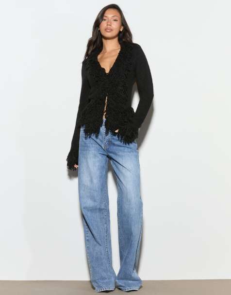 Noughts & Kisses knitted fringe cuff and collar detail cardigan in black - view 1
