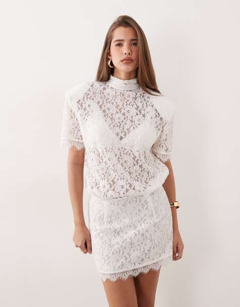 Noughts & Kisses lace high neck padded shoulder mini dress in white - view 1