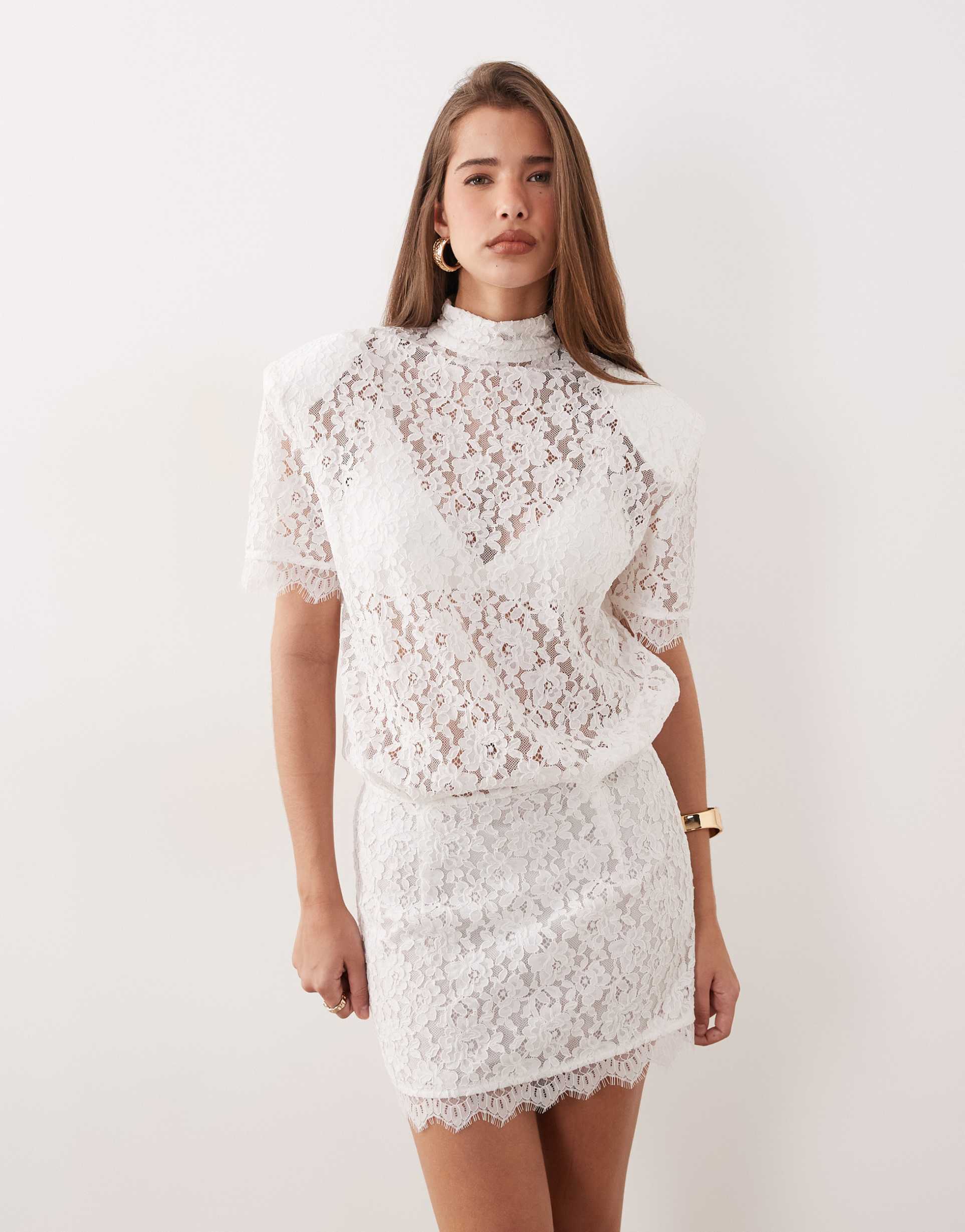 noughts & kisses lace high neck padded shoulders mini dress in white