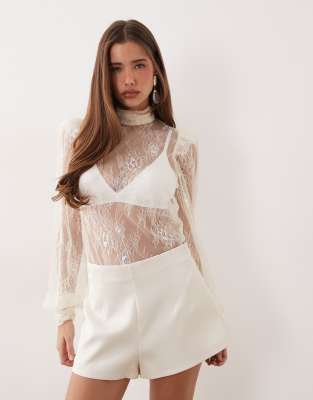 Noughts & Kisses Noughts & Kisses lace high neck puff sleeve blouse co-ord in cream-Neutral