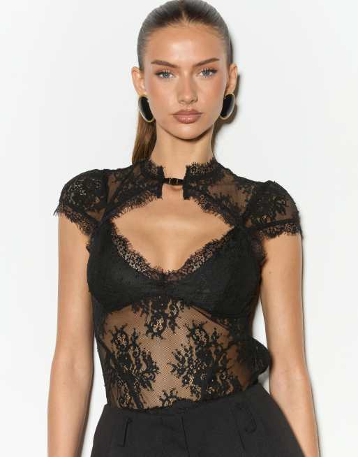 Noughts & Kisses lace plunge high neck open back cap sleeve top in black, 2 of 4