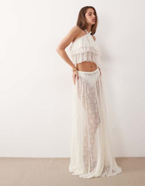 Noughts & Kisses lace ruffle halterneck top and maxi skirt co-ord in ivory - view 1